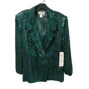 NWT Vintage Diane Gilman Pure Silk Sequin Embellished Blazer Jacket Green 1X